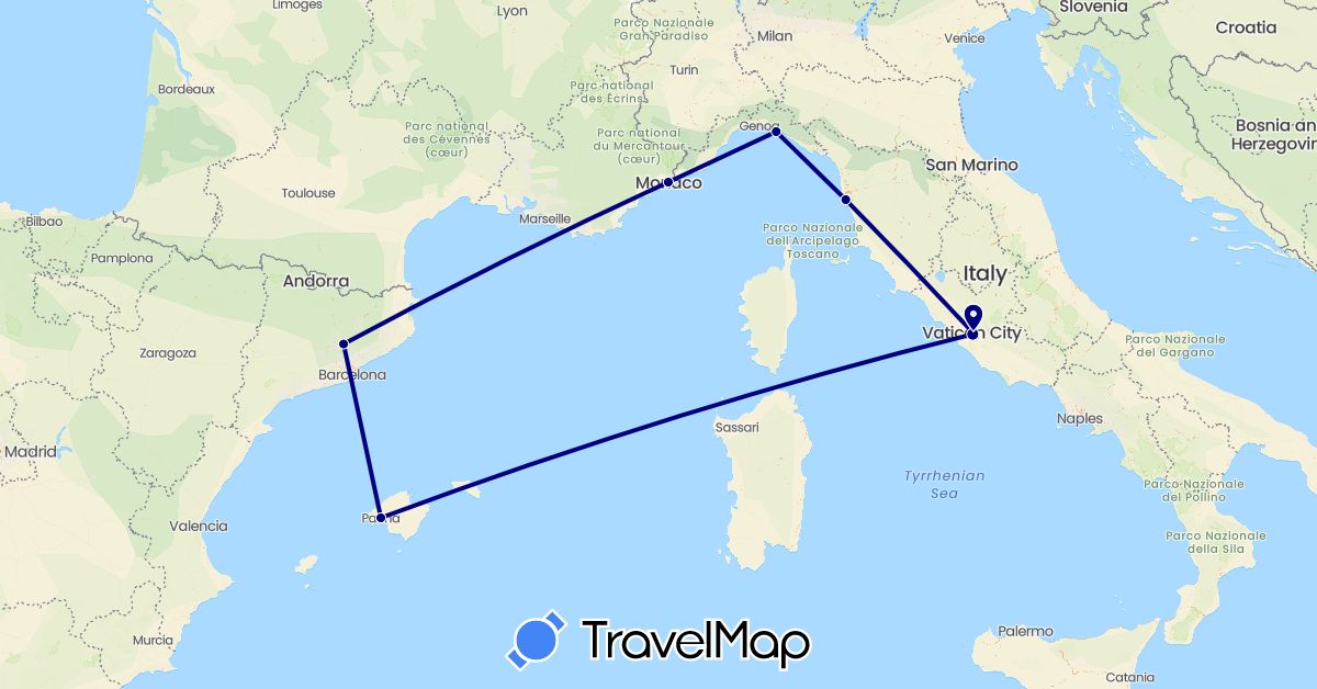 TravelMap itinerary: driving in Spain, Italy, Monaco (Europe)